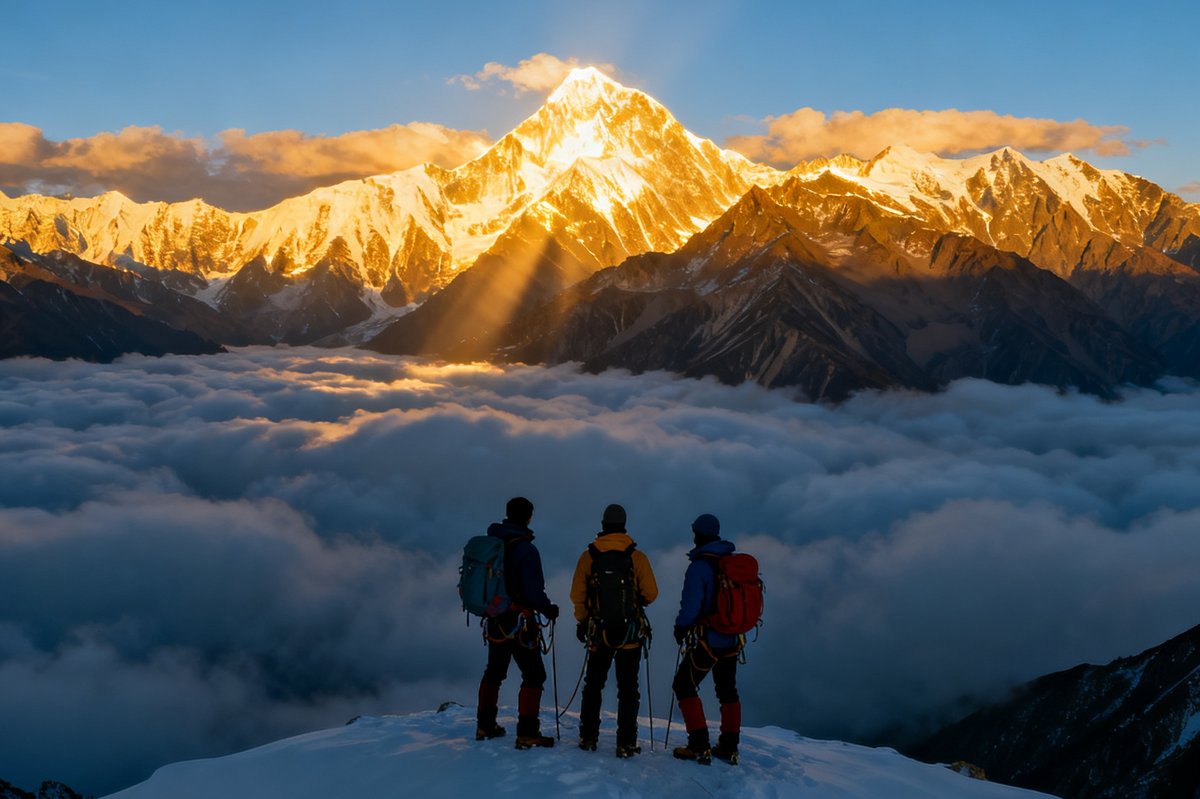 凌晨六点，三名登山者站在四姑娘山二峰海拔5276米的顶峰，背后是壮阔的日出云海，金色的阳光照亮了贡嘎群山的雪顶
