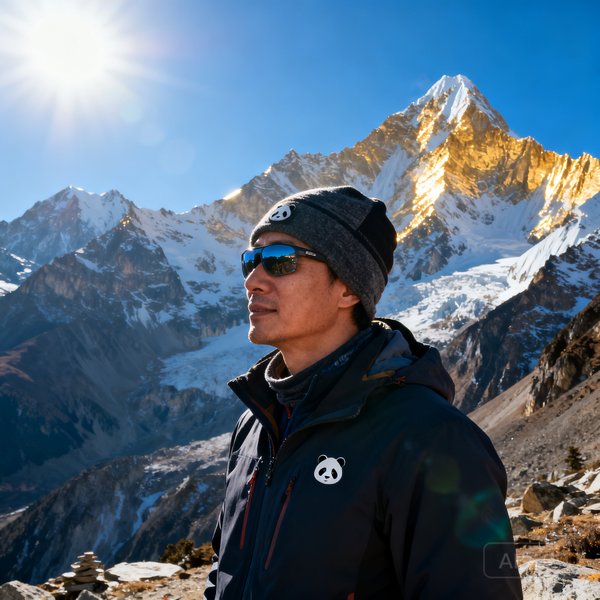 熊猫体育创始人陈远山戴着墨镜和保暖帽，站在海拔5500米的雪山之巅，身后是连绵的喜马拉雅山脉，阳光照亮了他的侧脸